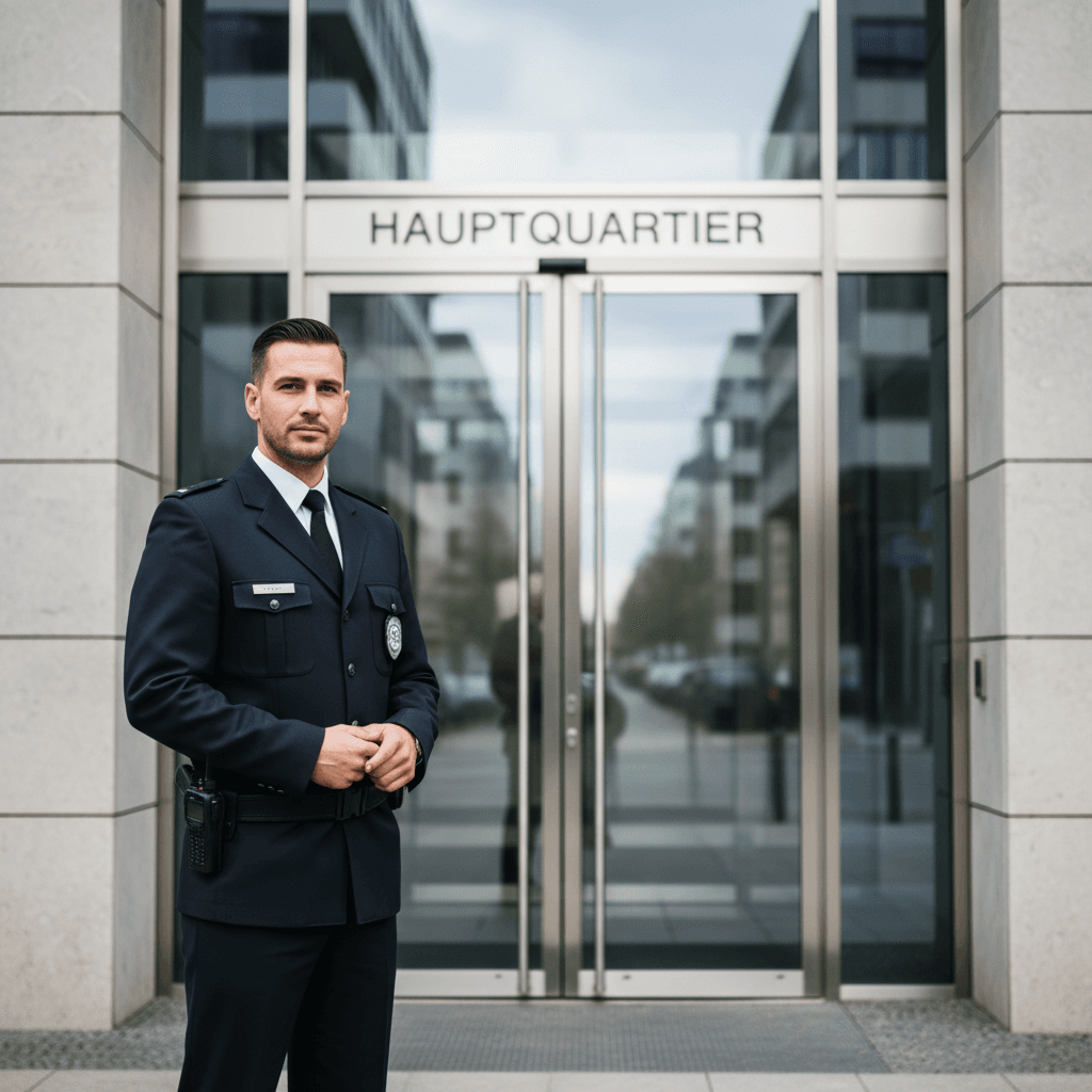 Sicherheitsbeamter in Uniform vor modernem Geschäftsgebäude