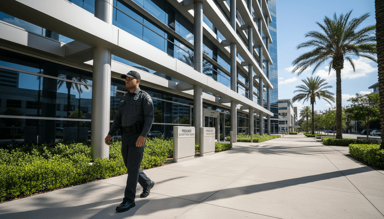 Schutzschild Sicherheitsbeamter bei Objektschutz einer modernen Immobilie